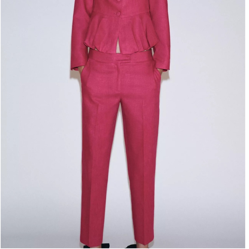 NWT ZARA Linen Blend High-Waisted Slim Pants Fuchsia Pink Womens Small